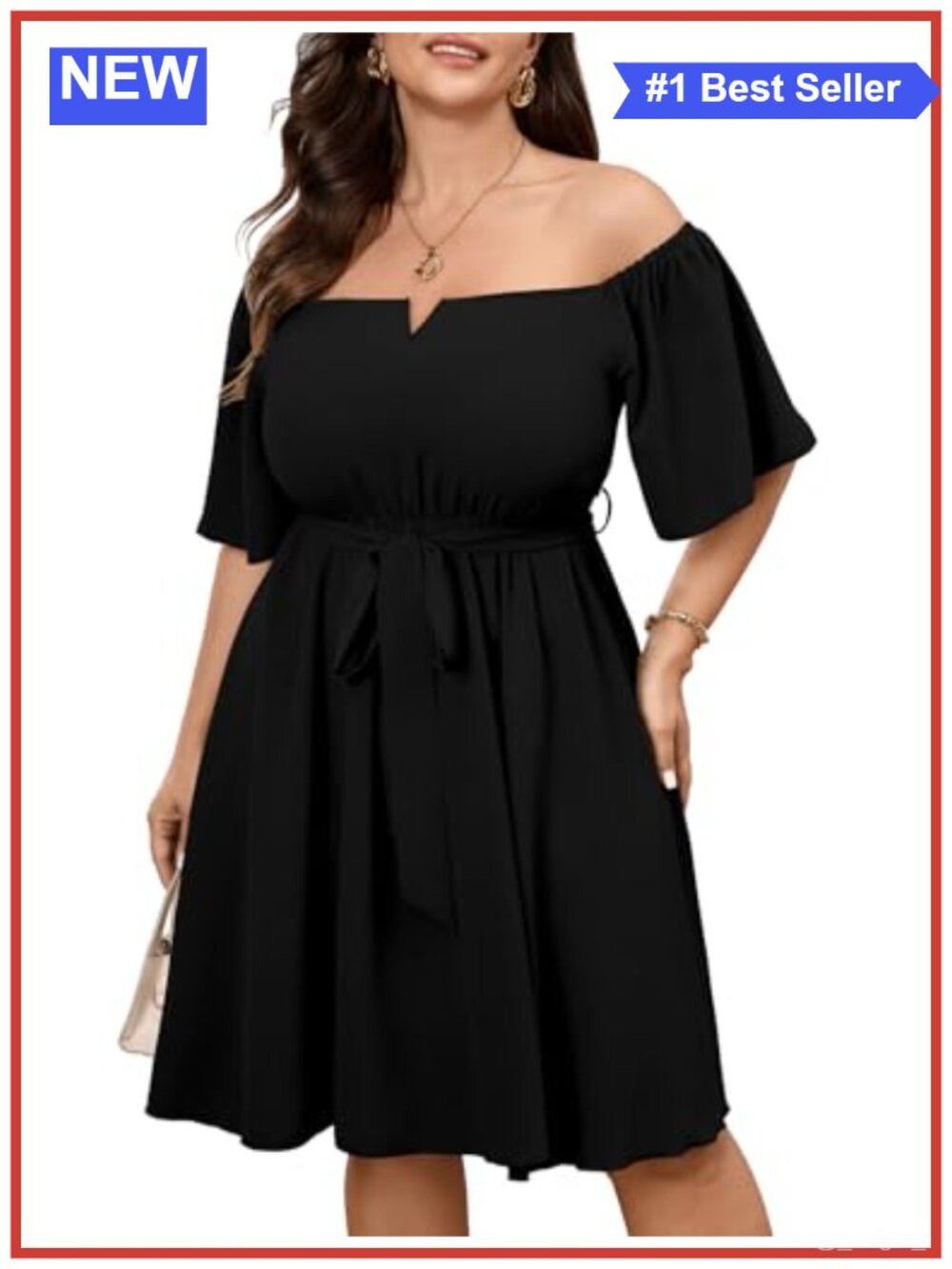 Plus Size Off Shoulder Bell Sleeve Ruffle Mini Dress with Belt
